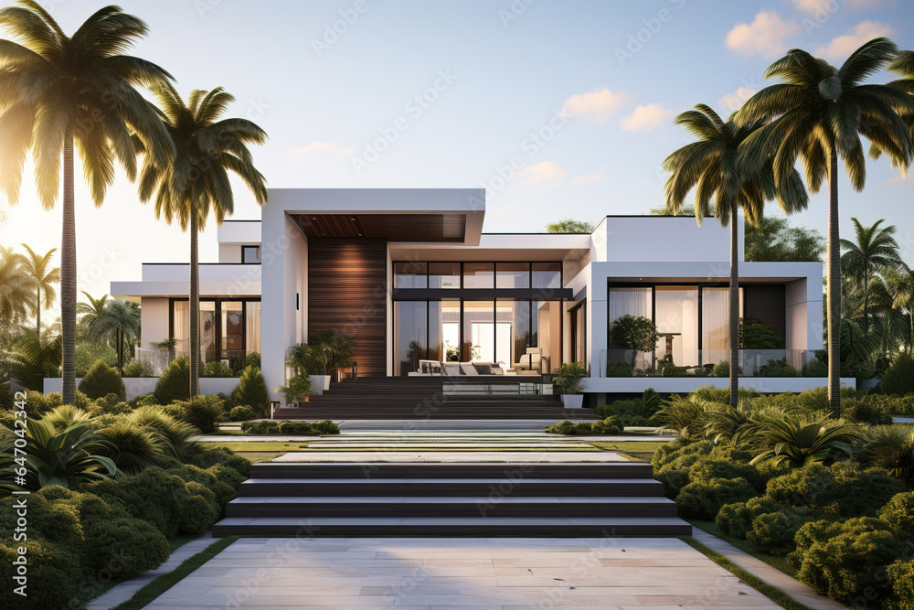 big modern house with big entrance with palm trees