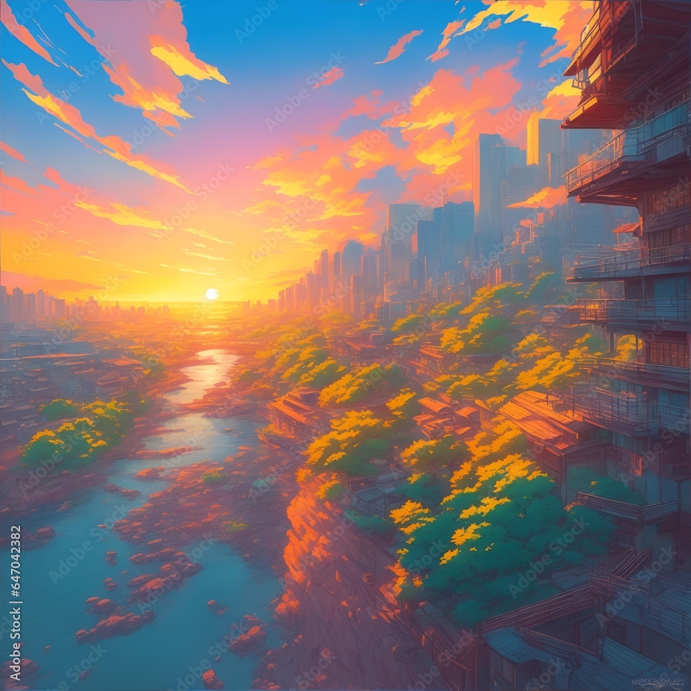japanese comic style of cityscape in sunset atmosphere