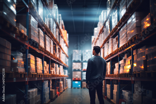 a Worker in a warehouse blurred shelves stacks background © Kien