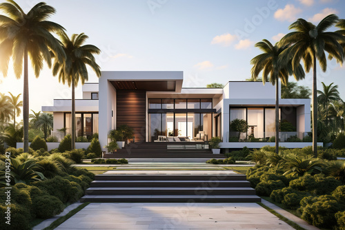 big modern house with big entrance with palm trees © QuantumVisions