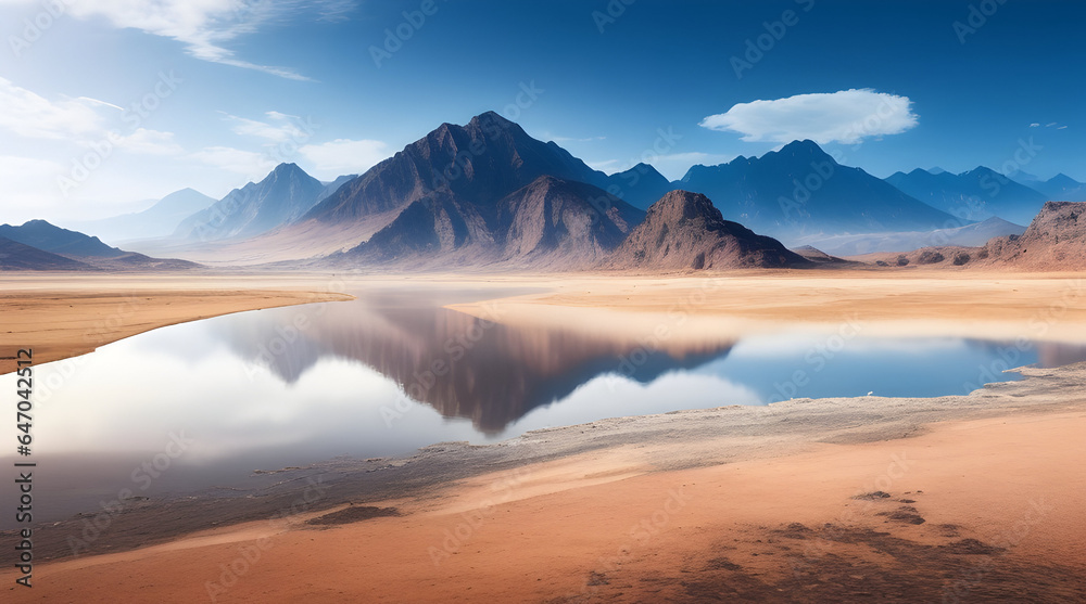 sunrise over the mountains Landscape with mountains and a lake and a dried desert. Global climate change concept