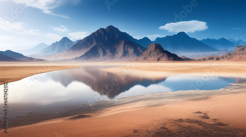 sunrise over the mountains Landscape with mountains and a lake and a dried desert. Global climate change concept