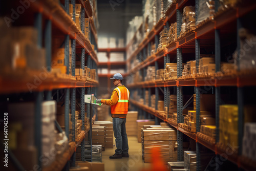 a Worker in a warehouse blurred shelves stacks background