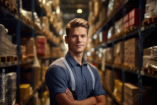 portrait of a male worker in a warehouse blurred shelves stacks background