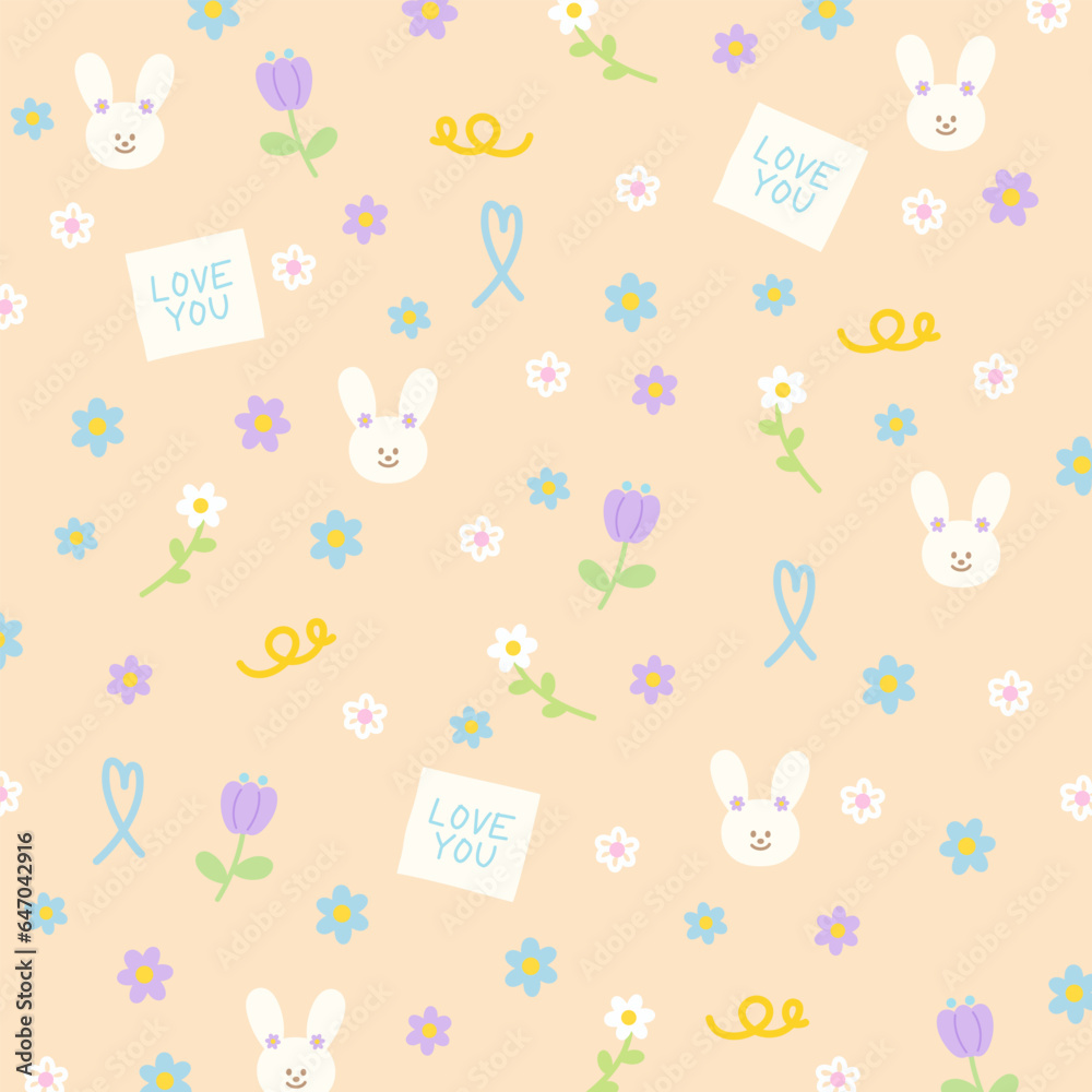 Bunny, heart, flower on pastel orange background for kid wallpaper, animal backdrop, easter pattern, cute fabric print, valentine gift wrap, social media, zoo, vet, pet shop decoration, textile, cloth Bunny, heart, flower on pastel orange background for kid wallpaper, animal backdrop, easter pattern, cute fabric print, valentine gift wrap, social media, zoo, vet, pet shop decoration, textile, cloth