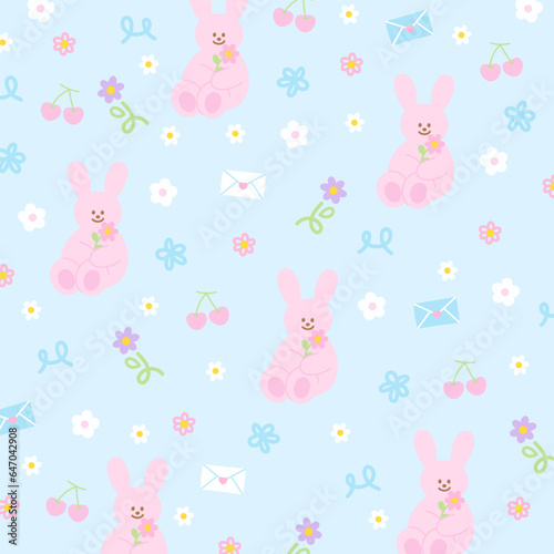 Pink bunny, flowers and cherry on a pastel blue background for cute easter wallpaper, rabbit backdrop, pet template, animal print, gift wrap, packaging, kid fabric print, picnic blanket, duvet