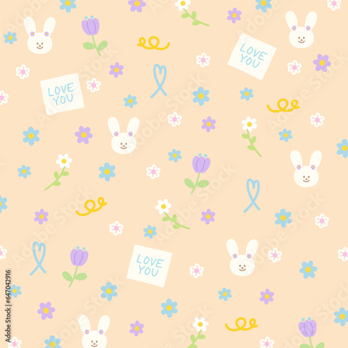 Bunny, heart, flower on pastel orange background for kid wallpaper, animal backdrop, easter pattern, cute fabric print, valentine gift wrap, social media, zoo, vet, pet shop decoration, textile, cloth