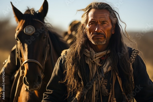 Lakota Sioux tribe member on horseback, embodying the spirit of their heritage, Generative AI  photo
