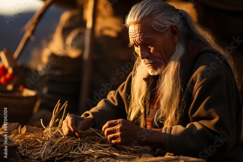 Member of the Cherokee tribe crafting a traditional basket, passing down ancestral skills, Generative AI photo