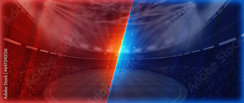 Grand stadium match grass field. Illustration Team 1 Versus Team 2 Battle Background. VS Match with Two Players. Versus banner with separation of two zones, red and blue in grunge style, texture. © Shuvro