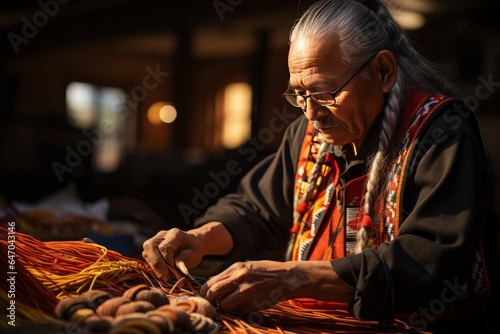  Member of the Chickasaw tribe demonstrating intricate beadwork techniques, Generative AI photo