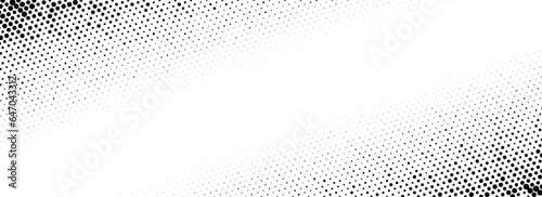 Corner halftone texture. Dotted gradient pattern background. Abstract faded pop art wallpaper. Vanishing spotted radial design backdrop for banner, poster, flyer, cover. Vector wide illustration