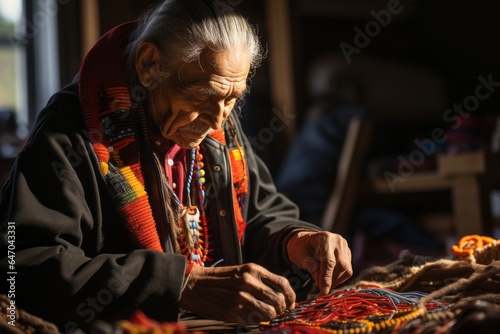 Mohican tribe artist creating intricate beadwork, preserving their cultural artistry, Generative AI