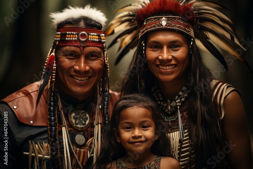 Seminole tribe family in colorful attire, participating in a traditional tribal dance, Generative AI photo