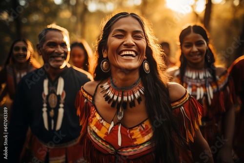 Seminole tribe family in colorful attire, participating in a traditional tribal dance, Generative AI