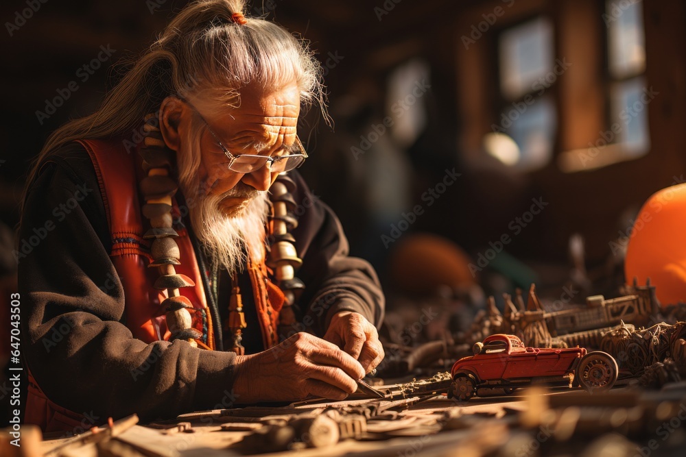 Zuni tribe member carving a Kachina doll a symbol of their spiritual beliefs, Generative AI Zuni tribe member carving a Kachina doll a symbol of their spiritual beliefs, Generative AI