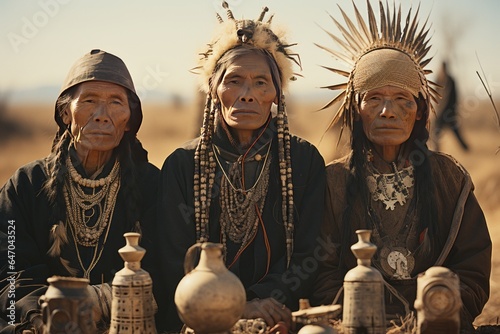 Group of Hopi tribe members dressed in intricate ceremonial regalia, Generative AI photo