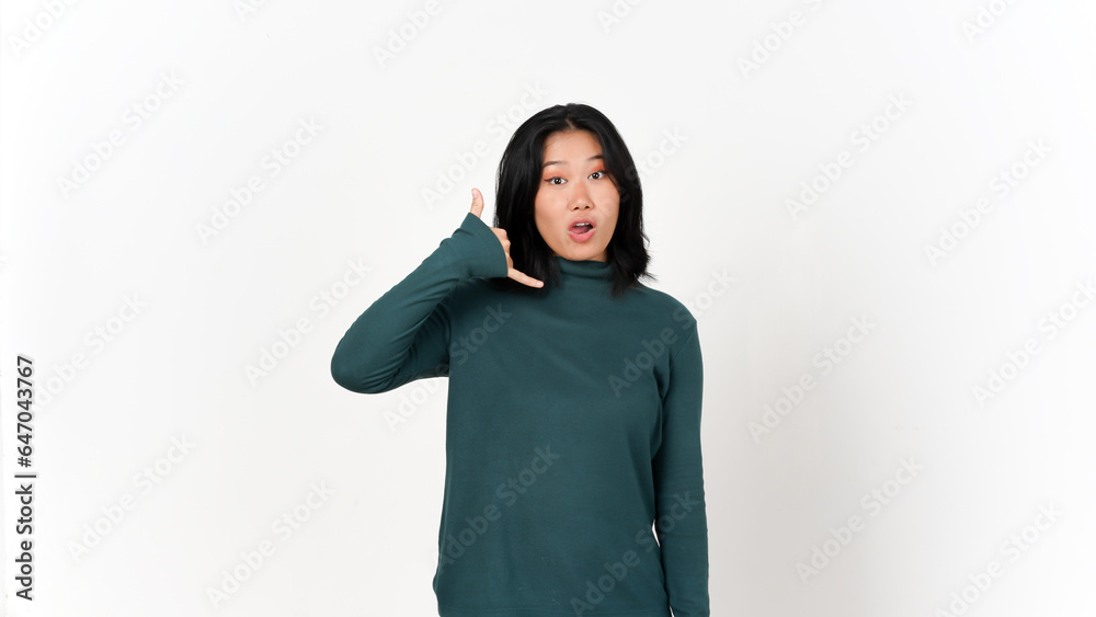 Call Me Back Gesture Of Beautiful Asian Woman Isolated On White Background Call Me Back Gesture Of Beautiful Asian Woman Isolated On White Background