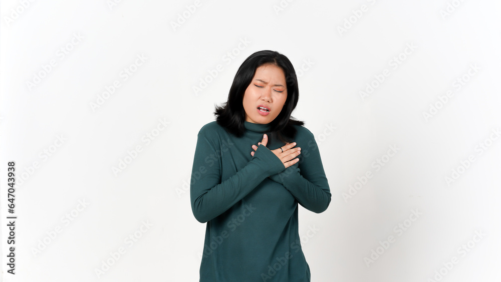 Hand on Chest Feeling Pain On Chest Of Beautiful Asian Woman Isolated On White Background Hand on Chest Feeling Pain On Chest Of Beautiful Asian Woman Isolated On White Background