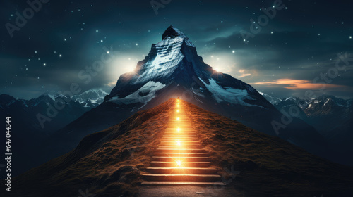Path to success concept, with glowing light path going up the mountain, Generative Ai © Nakron