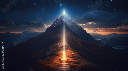 Path to success concept, with glowing light path going up the mountain, Generative Ai