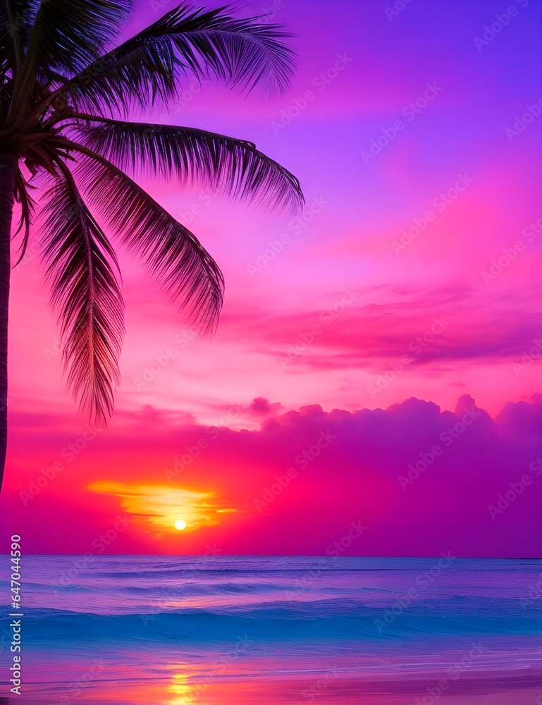 Tropical Paradise Sunrise: On an island paradise, palm trees sway gently in the breeze as the sun makes its debut. The sky transitions from deep purples to warm oranges and pinks, 