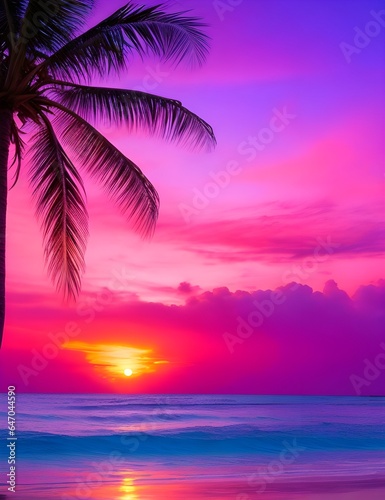 Tropical Paradise Sunrise: On an island paradise, palm trees sway gently in the breeze as the sun makes its debut. The sky transitions from deep purples to warm oranges and pinks,  © Chatura