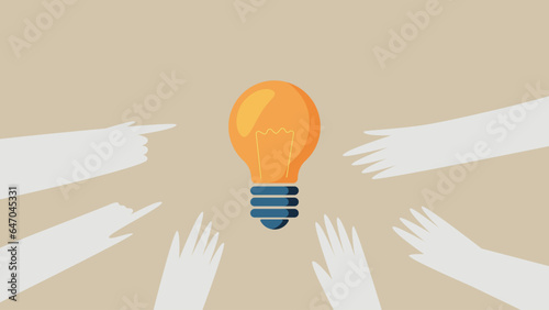 Vector illustration of multiple hands trying to grab a light bulb.