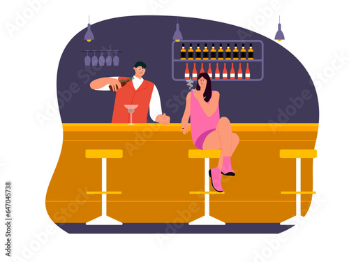 Nightlife flat vector illustration. A woman is ordering a drink from the bartender at a club. People at the nightclub