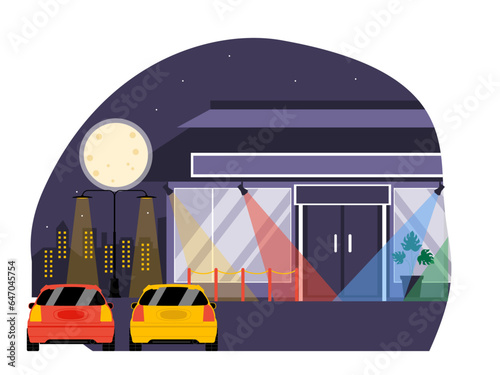 Nightlife flat vector illustration. The atmosphere outside the nightclub