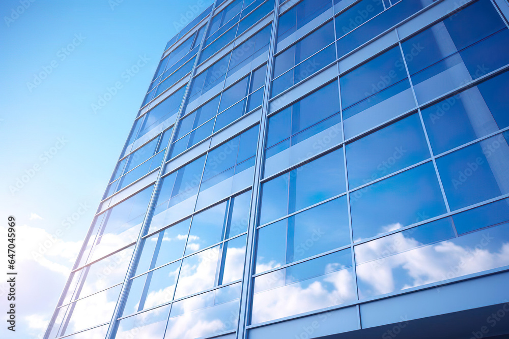 modern office building with blue glass walls of skyscrapers with sun and cloud reflection background.