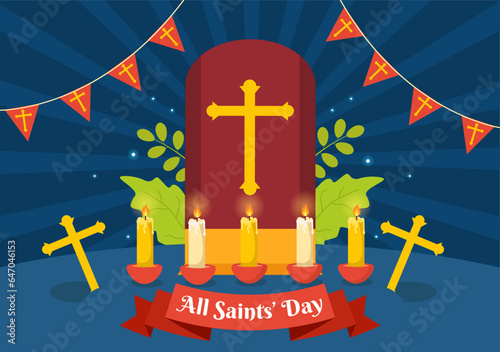 All Saints Day Vector Illustration on 1st November with for the All Souls Remembrance Celebration with Candles in Flat Cartoon Background Design