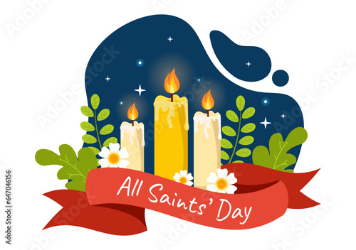 All Saints Day Vector Illustration on 1st November with for the All Souls Remembrance Celebration with Candles in Flat Cartoon Background Design
