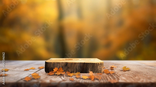 Product display or wooden table and blurred autumn forest with colorful leaves landscape, autumn background layout.