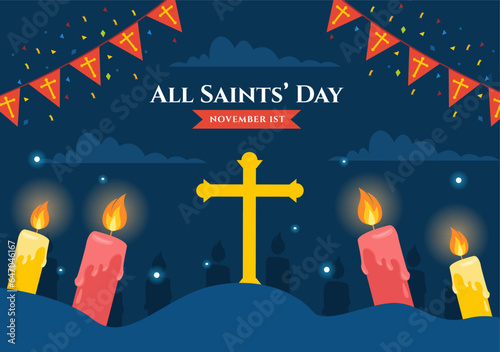 All Saints Day Vector Illustration on 1st November with for the All Souls Remembrance Celebration with Candles in Flat Cartoon Background Design