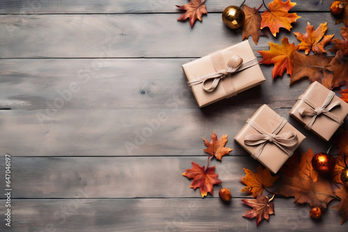 Three gift boxes and maple leaves on wooden table, top view, Thanksgiving and autumn background.