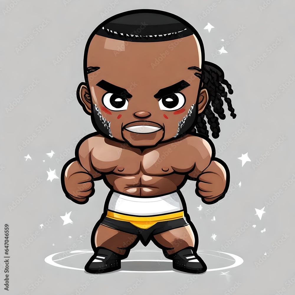a cute chibi illustration of a black african american MMA fighter wrestler