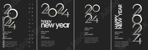 Elegant poster design for happy new year 2024. With a combination of clean silver and black colors. Premium vector background happy new year 2024.