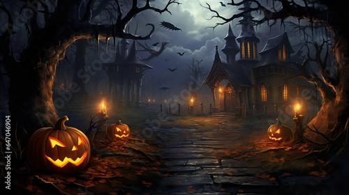 Evil smiling glowing halloween pumpkin on dark background photo