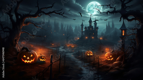 Jack o’ lanterns glowing at moonlight in the spooky night halloween scene