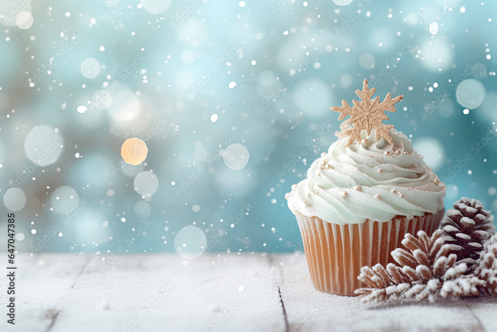Cupcake on wooden table, winter background Cupcake on wooden table, winter background