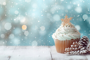 Cupcake on wooden table, winter background