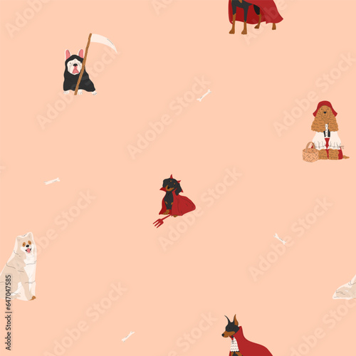 Halloween seamless pattern with dogs in cute halloween costumes. Devil, ghost, vampire and grim reaper. Trick or treat. Happy Halloween vector illustration. Ideal for holiday cards, decorations and