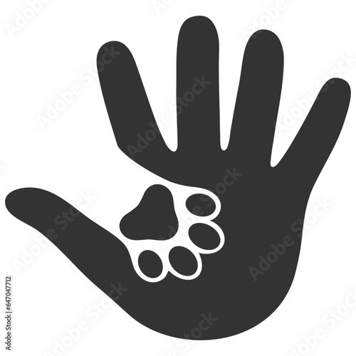 Illustration logo care and concern for pets. Dog's paw in a person's hand on a white background