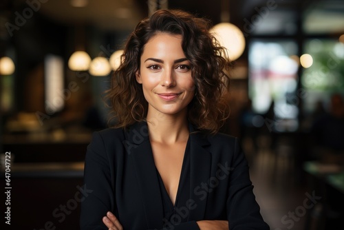 A beautiful businesswoman standing with her arms crossed in the office background