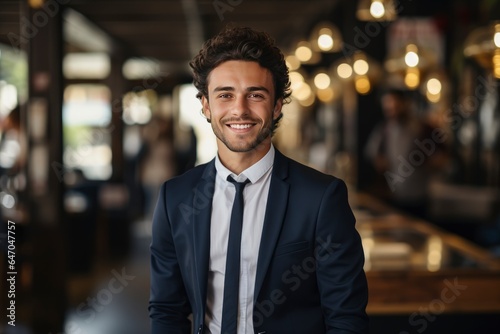 Portrait of a young smiling businessman in the office background