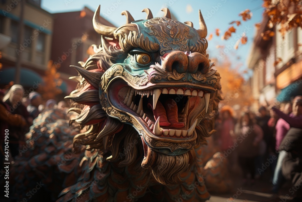 Obraz premium Traditional Dragon Dance Weaving Through The Crowd, Generative AI
