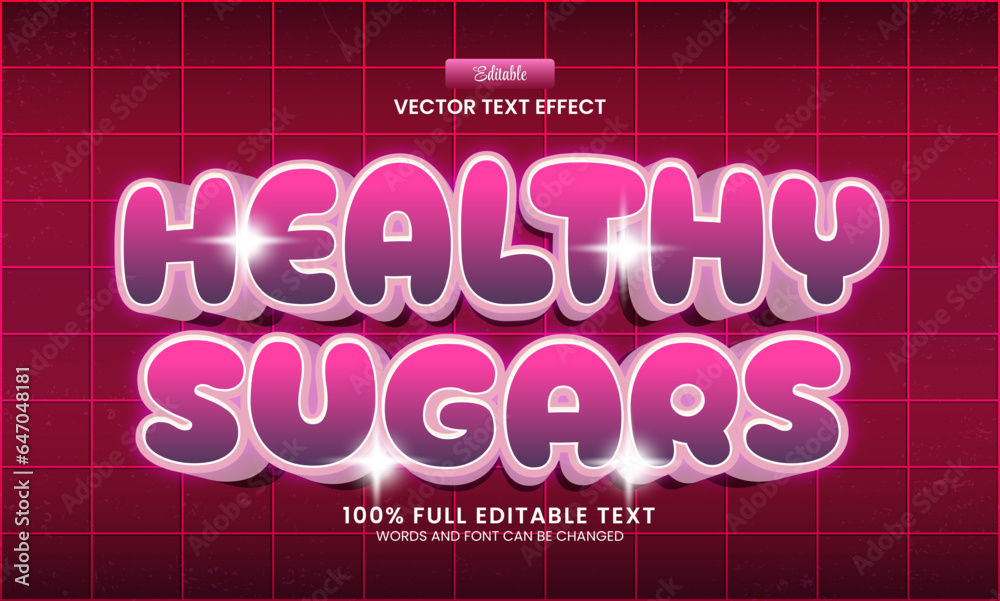 Design editable text effect, healthy sugars 3d cartoon vector illustration