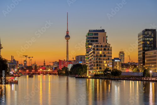 The river Spree in Berlin after sunset with the famous TV Tower in the back