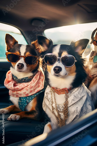 Three dogs sitting in the car wearing sunglasses. Chihuahua is like glamorous chick © Denis